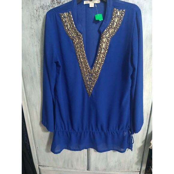 Boston Proper Sheer V-neck Embellished Long Sleeve Top Blue Classy Small - Picture 6 of 11
